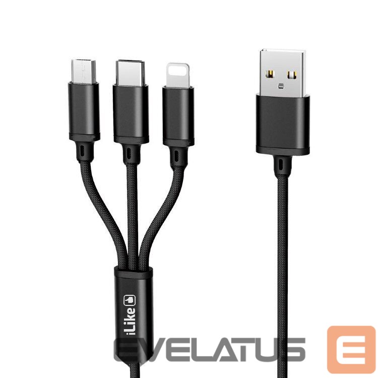 Cable iLike Charging Cable 3 in 1, USB, Type C, Lightning, CCI02 Black