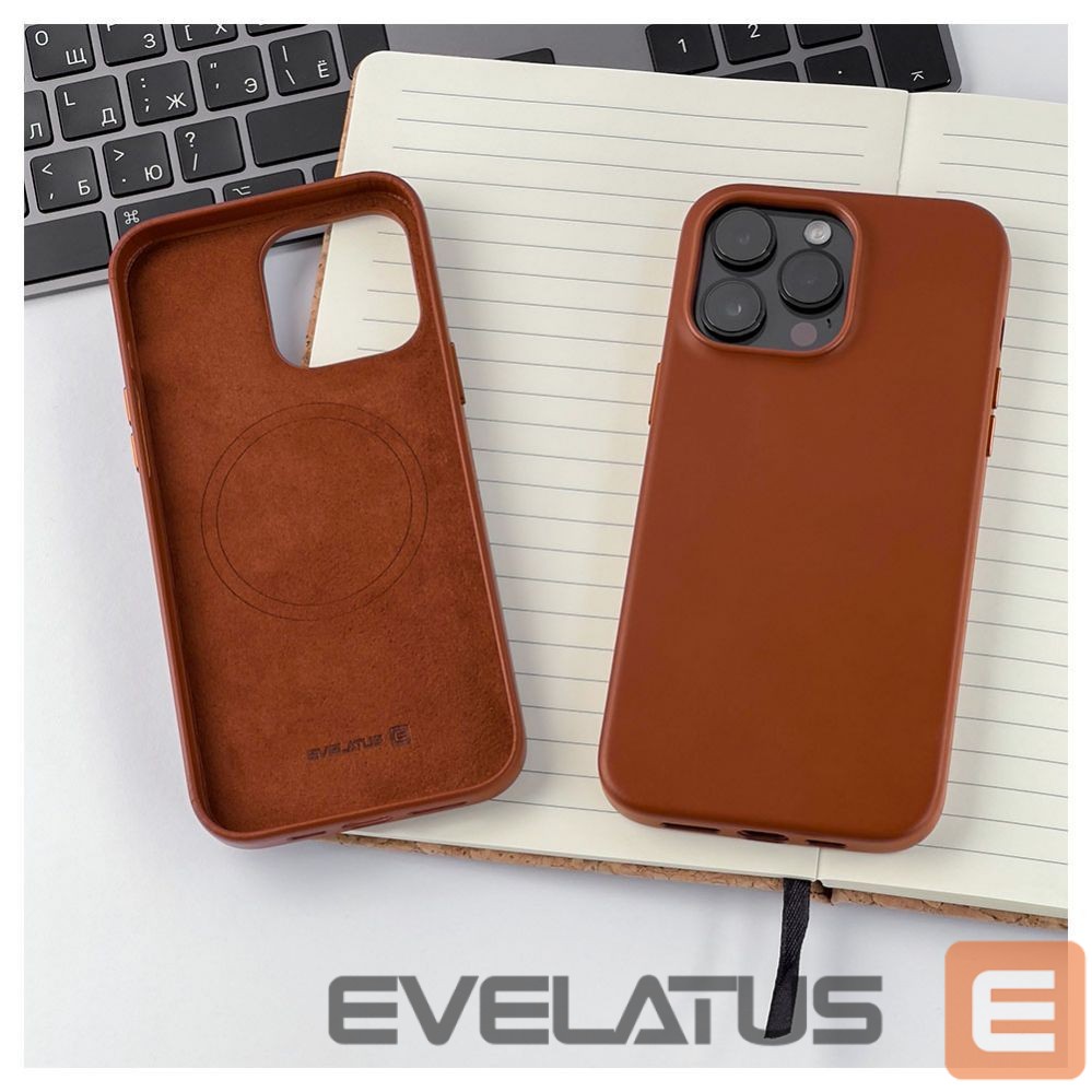 Back panel cover Evelatus Apple iPhone 14 Pro Max Genuine Leather case with MagSafe Brown
