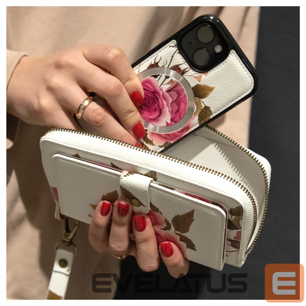 Back panel cover Evelatus Apple iPhone 15 Leather Case Zipper Design Flower White