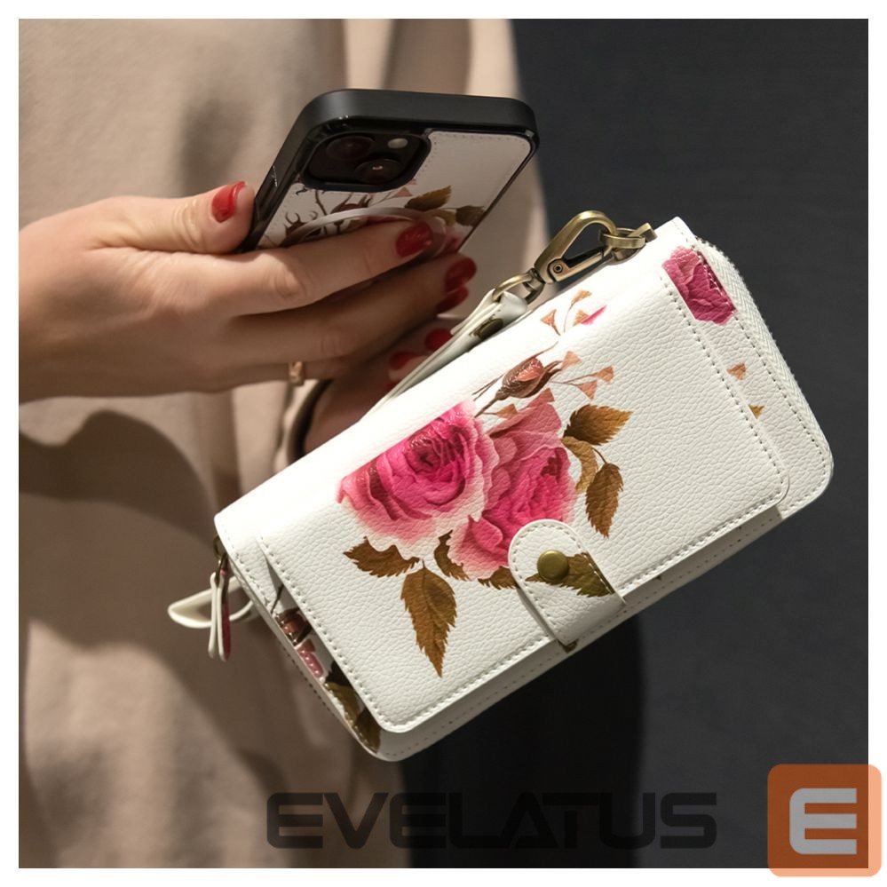 Back panel cover Evelatus Apple iPhone 15 Leather Case Zipper Design Flower White