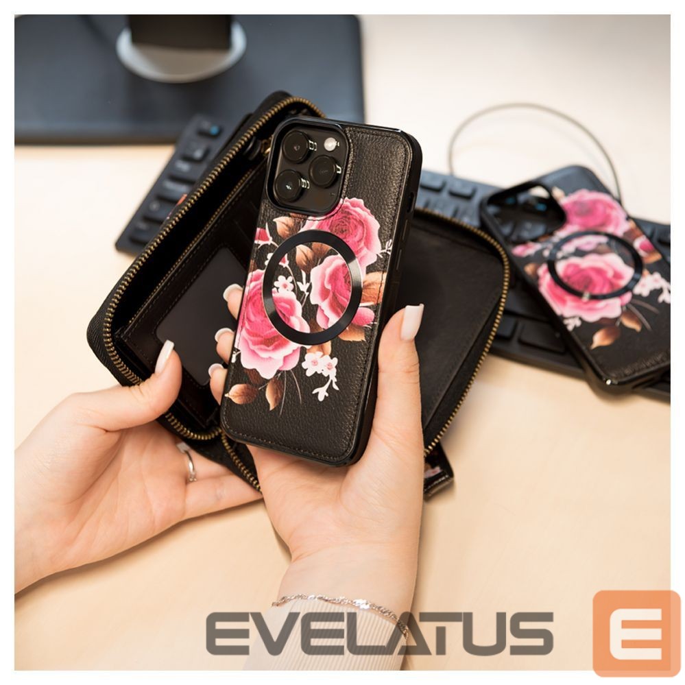 Back panel cover Evelatus Apple iPhone 15 Pro Leather Case Zipper Design Flower Black