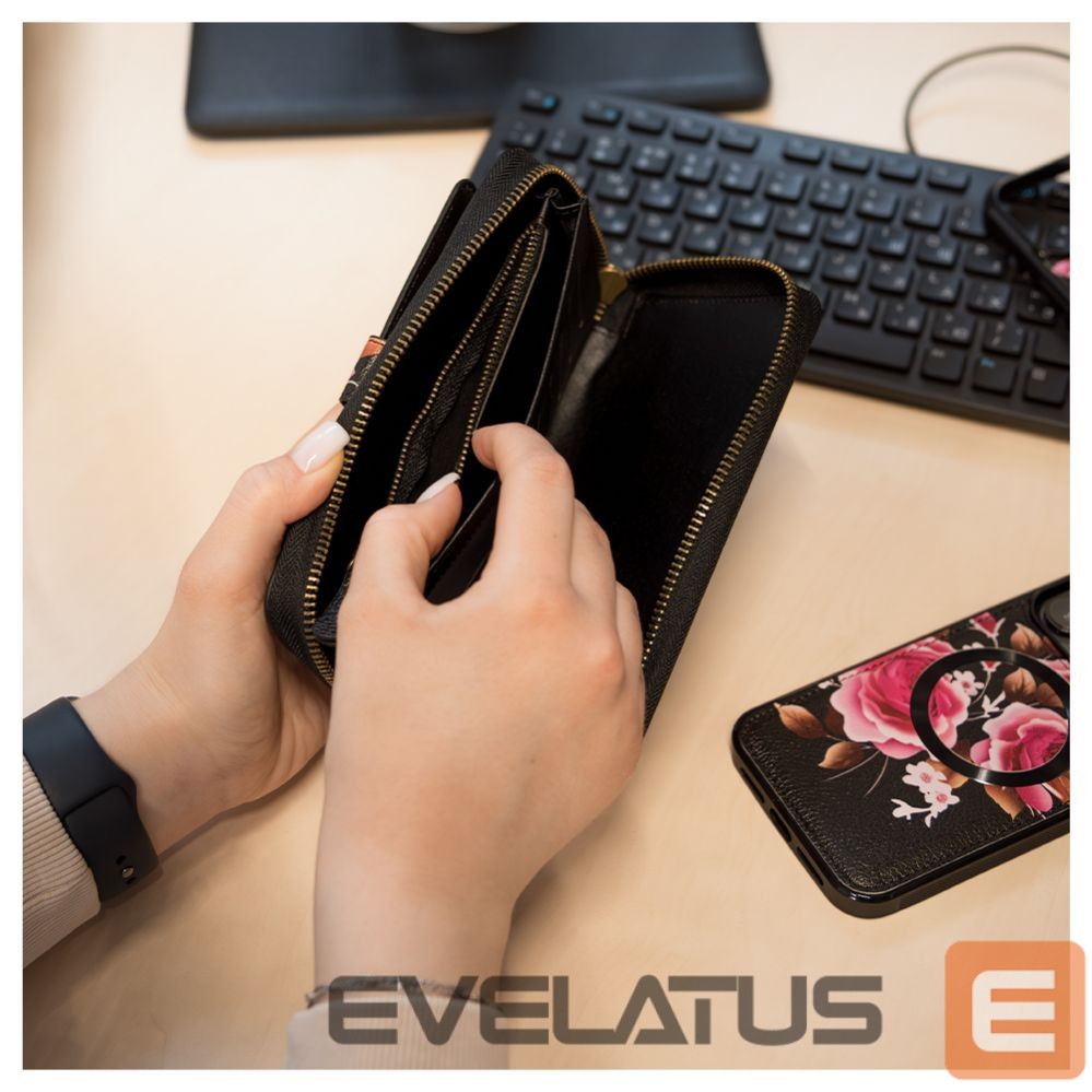 Back panel cover Evelatus Apple iPhone 15 Pro Leather Case Zipper Design Flower Black