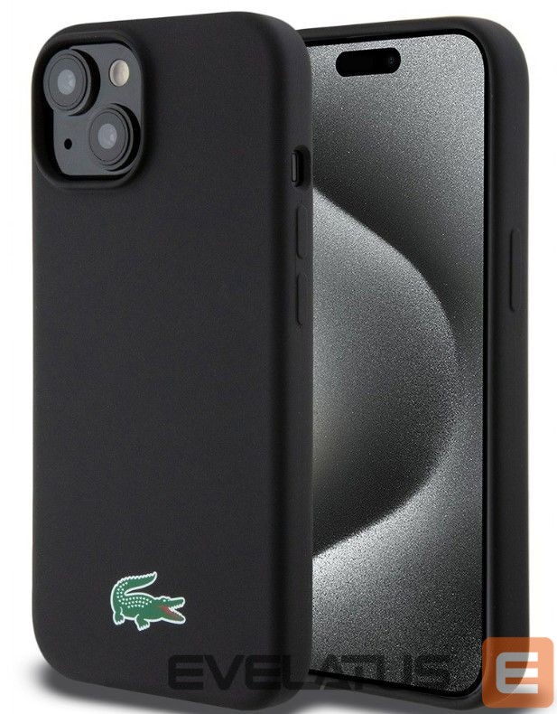 Back panel cover Lacoste Apple iPhone 15 6.1 Liquid Silicone Microfiber Croc Logo Magsafe Back Cover Black