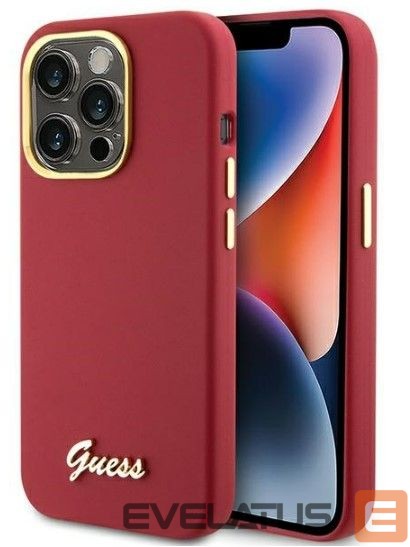 Back panel cover Guess Apple iPhone 15 Pro Max 6.7 magenta hardcase Silicone Script Metal Logo Red