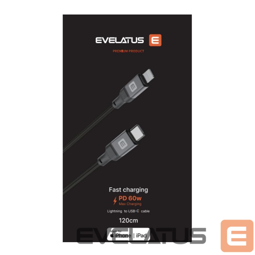 Cable Evelatus Evelatus USB C to Lightning Cable 1.2M 60W (MFI09) Aluminum housing braiding Black