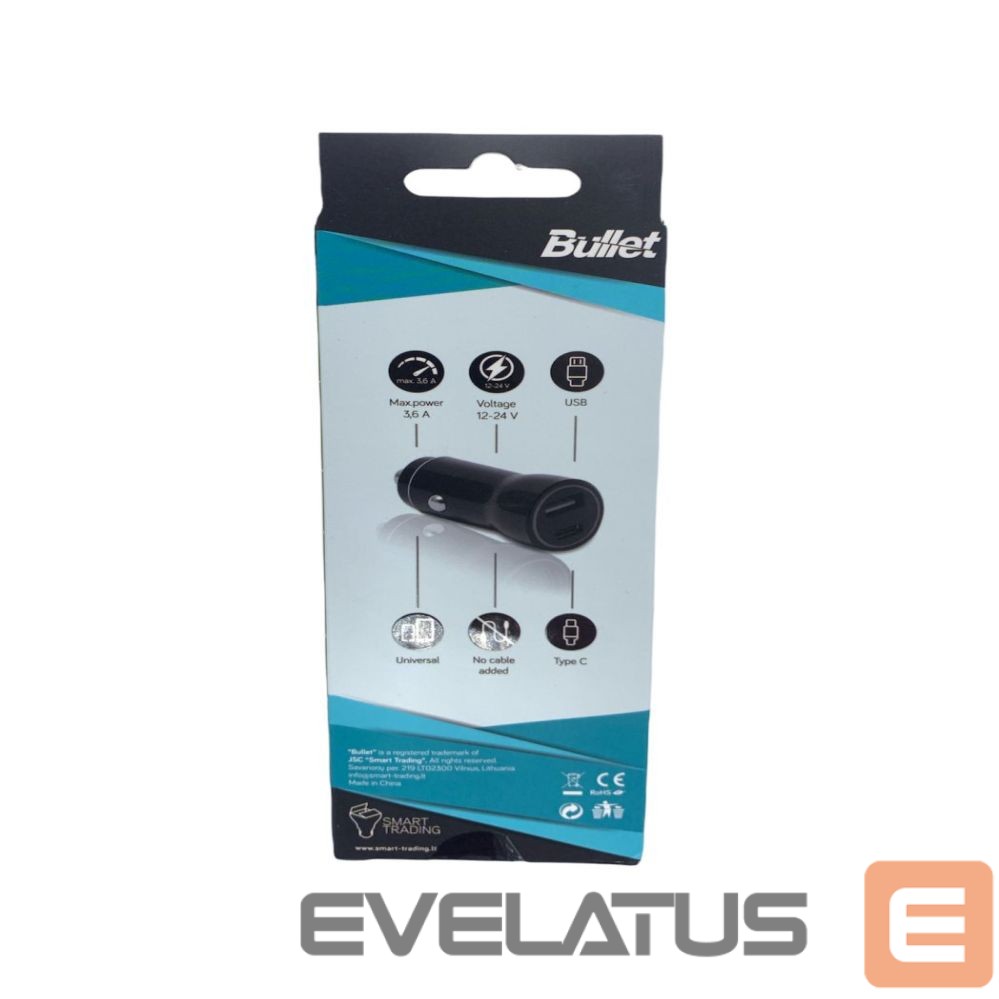 Adapter - BULLET USB Car Charger Q3.0 + Type C 2.4A Black