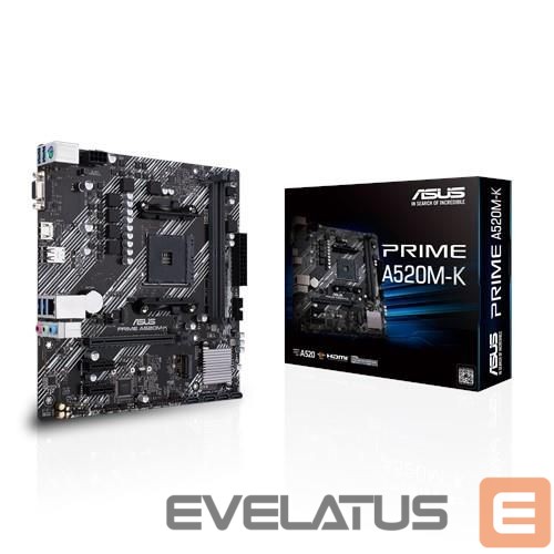 Motherboard for AMD processors Asus Mainboard||AMD A520|SAM4|MicroATX|2xPCI-Express 3.0 1x|1xPCI-Express 3.0 16x|1xM.2|Memory DDR4|Memory slots 2|1x15pin D-sub|1xHDMI|2xUSB 2.0|4xUSB 3.2 type B|1xPS/2|3xStereo jack 3.5mm|1xRJ45|PRIMEA520M-K