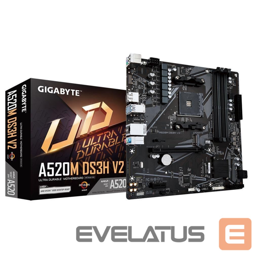 Motherboard for AMD processors Gigabyte Mainboard||AMD A520|SAM4|Micro-ATX|Memory DDR4|Memory slots 4|1xPCI-Express 3.0 1x|1xPCI-Express 3.0 16x|1xM.2|1xHDMI|1xDisplayPort|2xUSB 2.0|4xUSB 3.2|1xPS/2|1xRJ45|3xAudio port|A520MDS3HV2