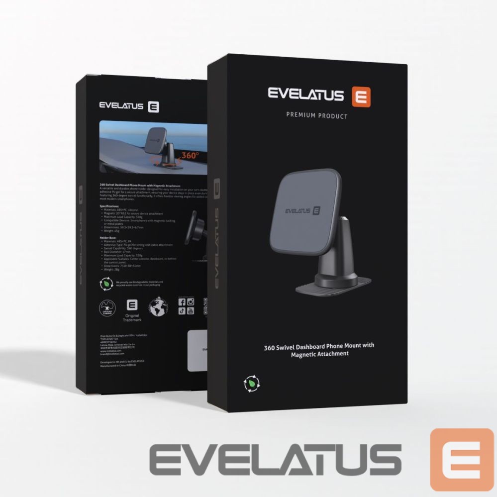 Auto holder Evelatus 360 Swivel adhesive mount with MagSafe C2+K8 Black