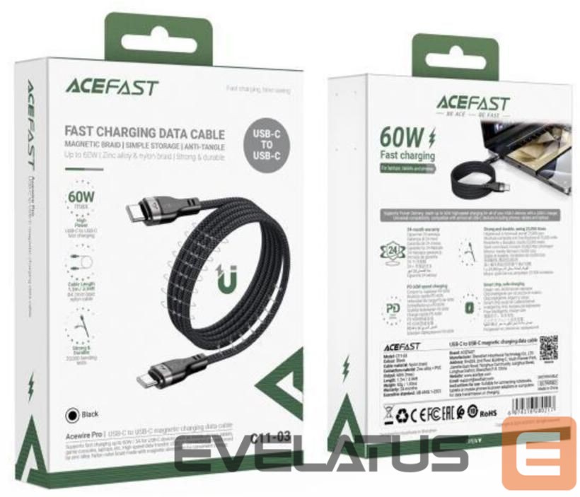 Cable Acefast 3in1 Cable Acefast C11-03 USB-C - USB-C 480Mb/s 100W 1.2m Black