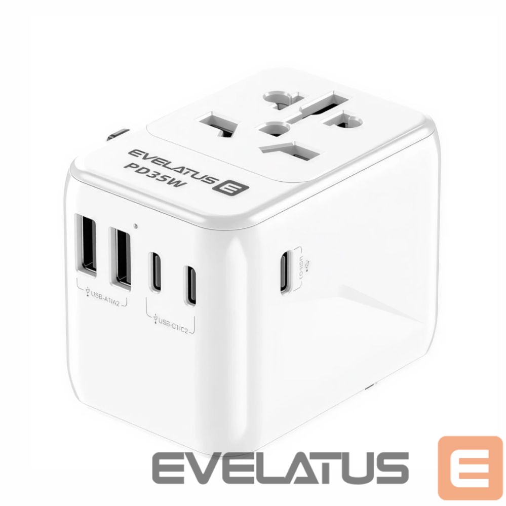 Adapter Evelatus 35W World Travel Adapter 1PD & 2 Type-C & 2 USB Charger 09051 White