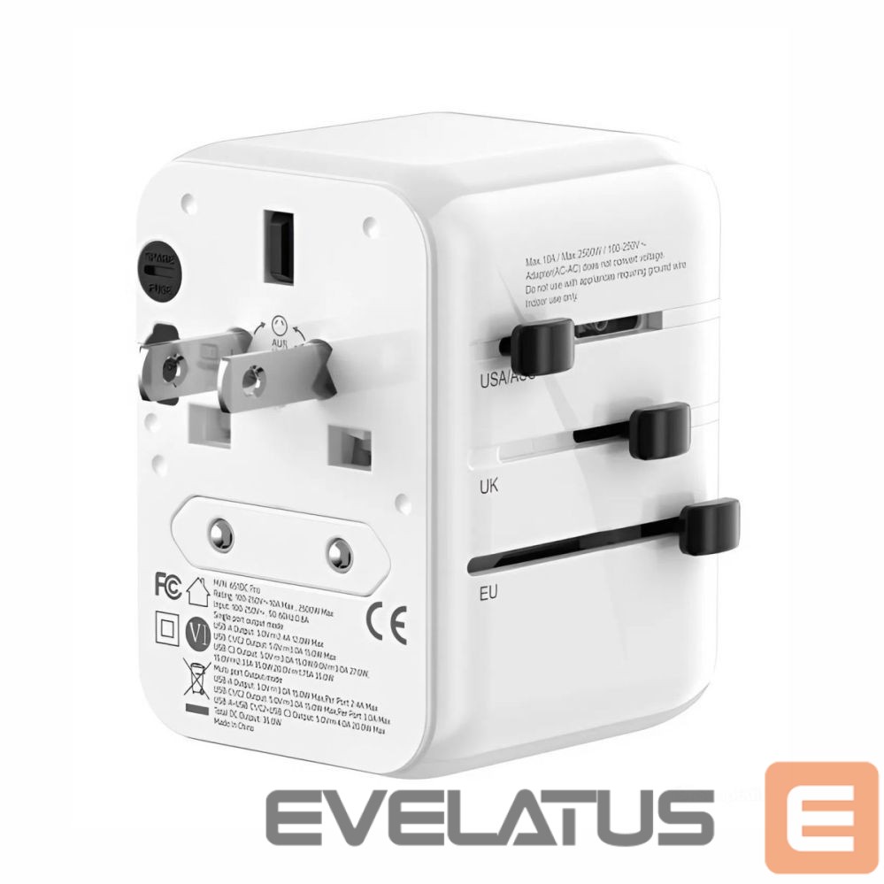 Adapter Evelatus 35W World Travel Adapter 1PD & 2 Type-C & 2 USB Charger 09051 White