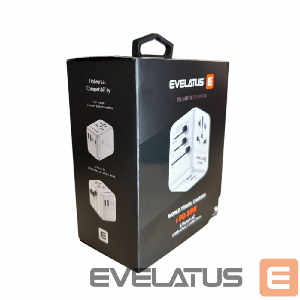 Adapter Evelatus 35W World Travel Adapter 1PD & 2 Type-C & 2 USB Charger 09051 White