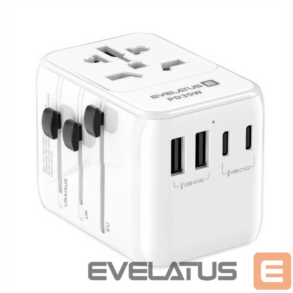 Adapter Evelatus 35W World Travel Adapter 1PD & 2 Type-C & 2 USB Charger 09051 White