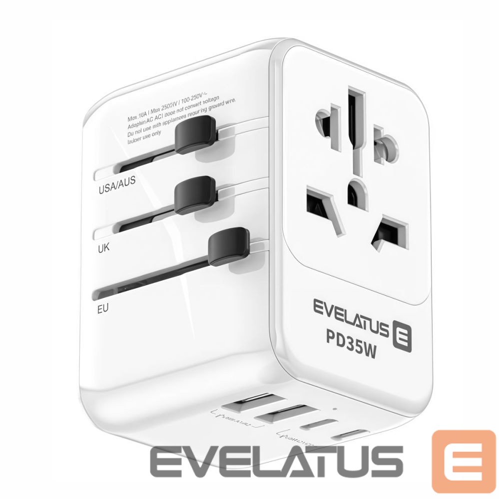Adapter Evelatus 35W World Travel Adapter 1PD & 2 Type-C & 2 USB Charger 09051 White