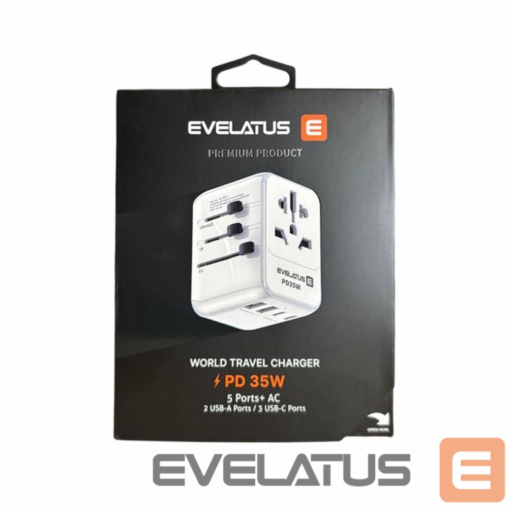 Adapter Evelatus 35W World Travel Adapter 1PD & 2 Type-C & 2 USB Charger 09051 White