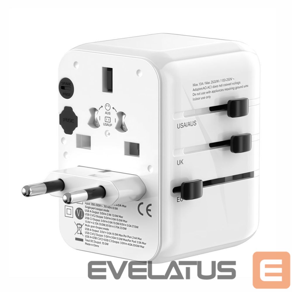 Adapter Evelatus 35W World Travel Adapter 1PD & 2 Type-C & 2 USB Charger 09051 White