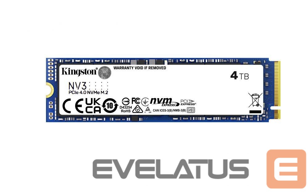 Hard drive SSD Kingston SSD | NV3 | 4000 GB | SSD form factor M.2 2280 | Solid-state drive interface PCIe 4.0 x4 NVMe | Read speed 6000 MB/s | Write speed 5000 MB/s