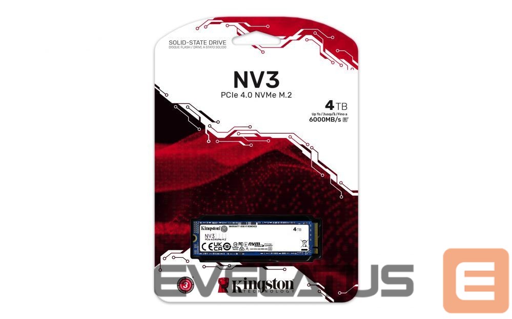 Hard drive SSD Kingston SSD | NV3 | 4000 GB | SSD form factor M.2 2280 | Solid-state drive interface PCIe 4.0 x4 NVMe | Read speed 6000 MB/s | Write speed 5000 MB/s