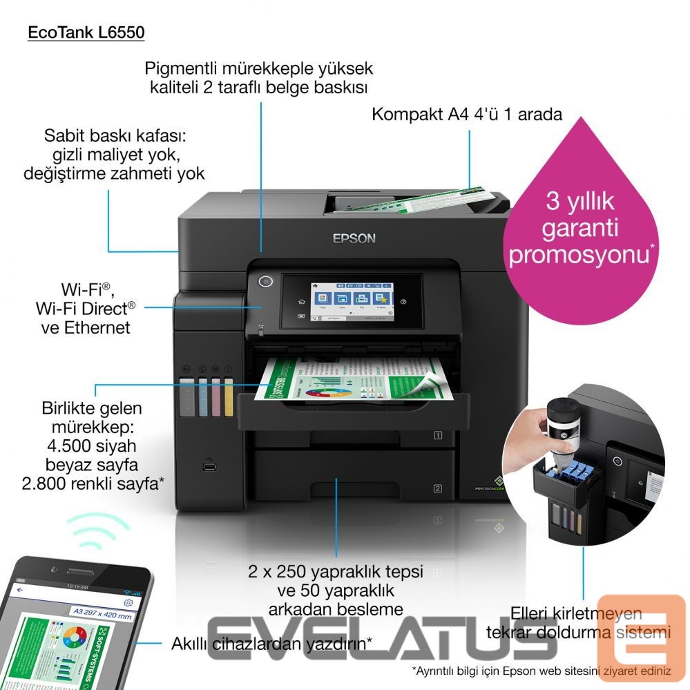 Printer EPSON Multifunctional Printer EcoTank L6550 Colour, Inkjet, A4, Wi-Fi, Black
