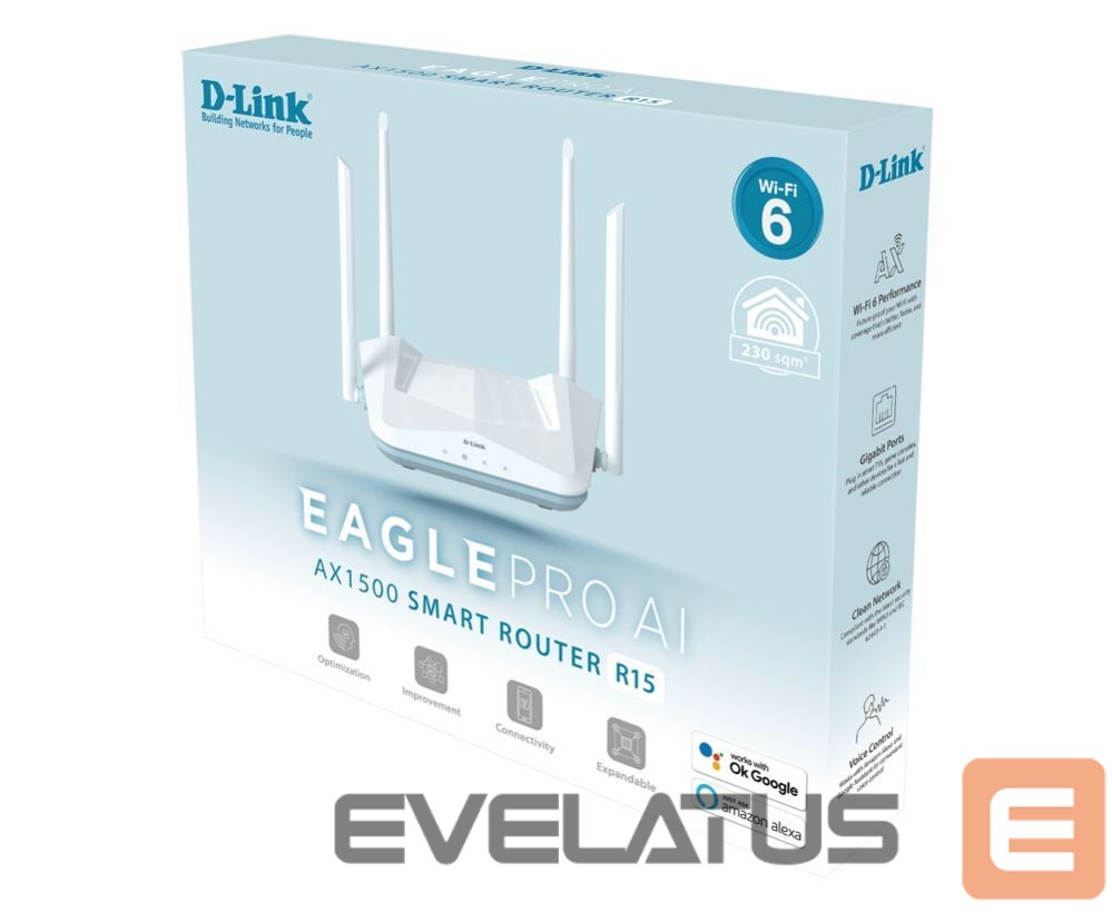 Routers D-link AX1500 Smart Router R15 802.11ax, 1200+300 Mbit/s, 10/100/1000 Mbit/s, Ethernet LAN (RJ-45) ports 3, Mesh Support Yes, MU-MiMO Yes, Antenna type 4xExternal