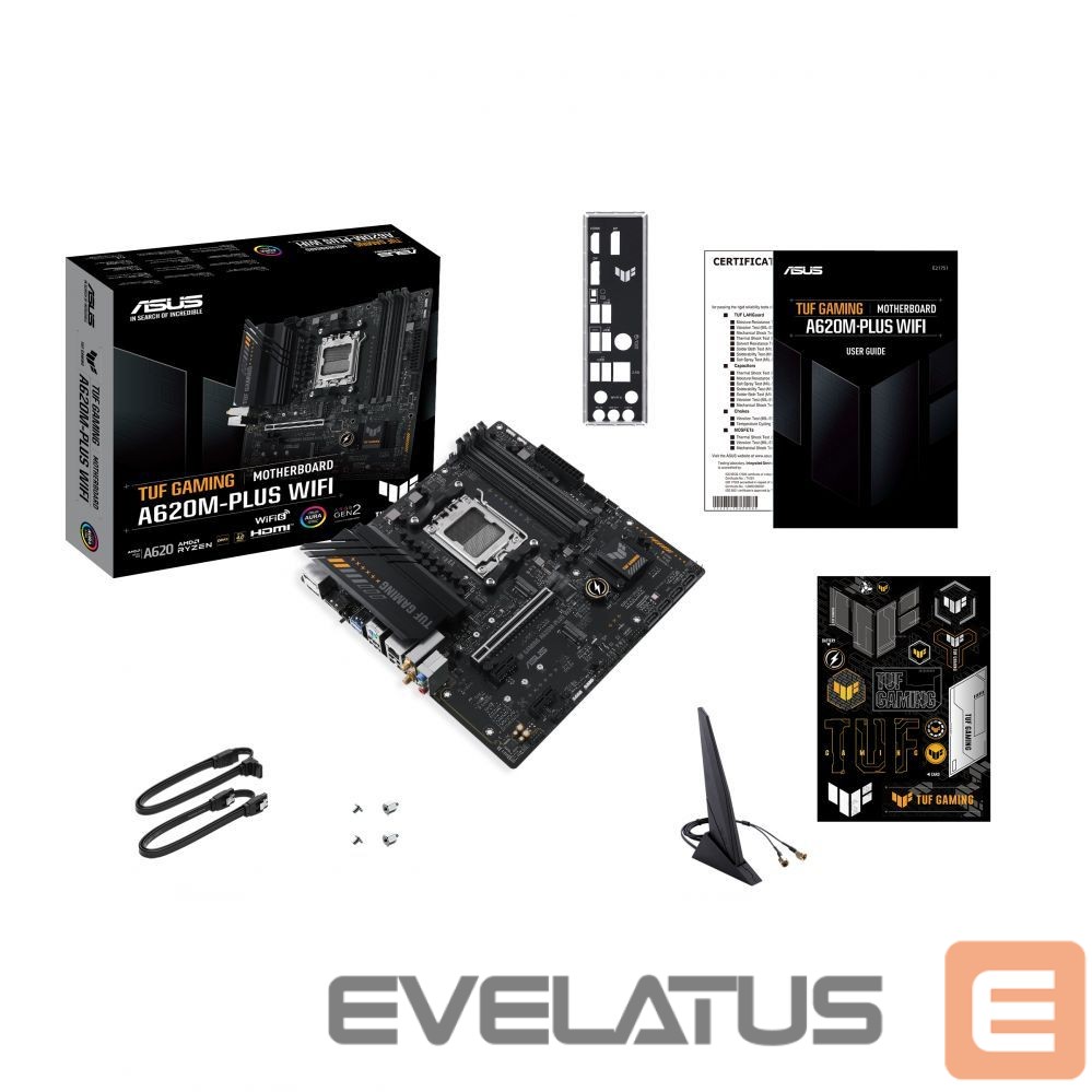Motherboard for Intel processors Asus TUF GAMING A620M-PLUS WIFI Processor family AMD, Processor socket AM5, DDR5 DIMM, Memory slots 4, Supported hard disk drive interfaces SATA, M.2, Number of SATA connectors 4, Chipset AMD A620, Micro-ATX