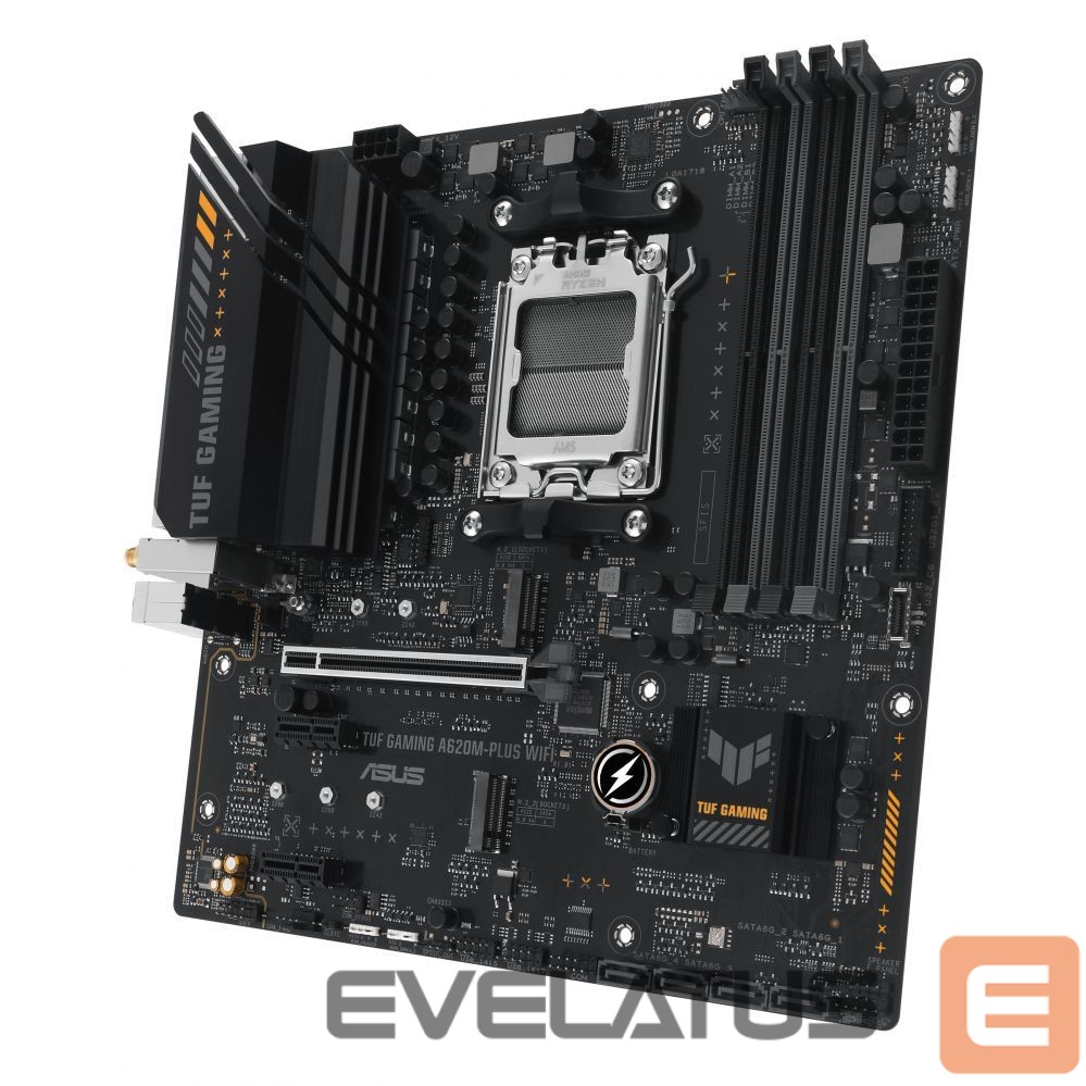 Motherboard for Intel processors Asus TUF GAMING A620M-PLUS WIFI Processor family AMD, Processor socket AM5, DDR5 DIMM, Memory slots 4, Supported hard disk drive interfaces SATA, M.2, Number of SATA connectors 4, Chipset AMD A620, Micro-ATX