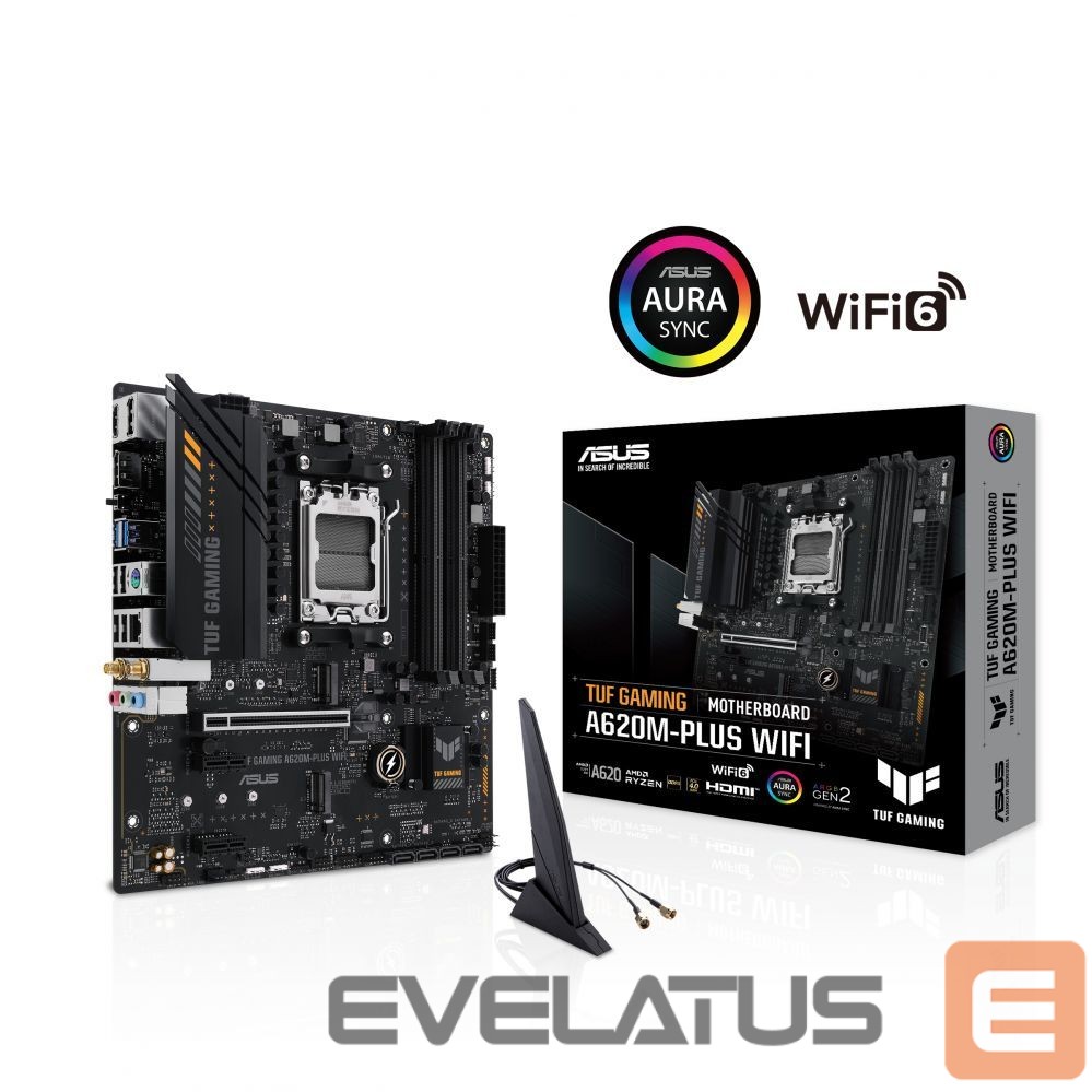 Motherboard for Intel processors Asus TUF GAMING A620M-PLUS WIFI Processor family AMD, Processor socket AM5, DDR5 DIMM, Memory slots 4, Supported hard disk drive interfaces SATA, M.2, Number of SATA connectors 4, Chipset AMD A620, Micro-ATX