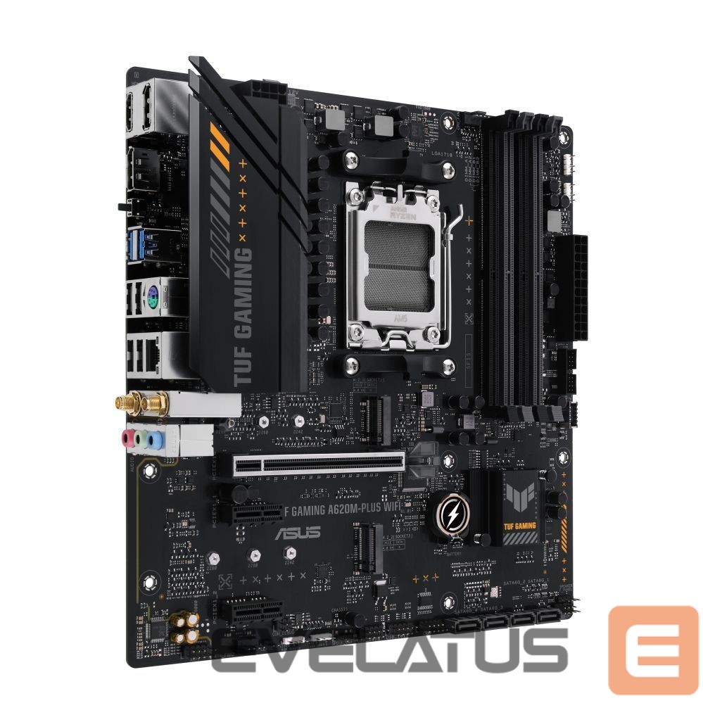 Motherboard for Intel processors Asus TUF GAMING A620M-PLUS WIFI Processor family AMD, Processor socket AM5, DDR5 DIMM, Memory slots 4, Supported hard disk drive interfaces SATA, M.2, Number of SATA connectors 4, Chipset AMD A620, Micro-ATX