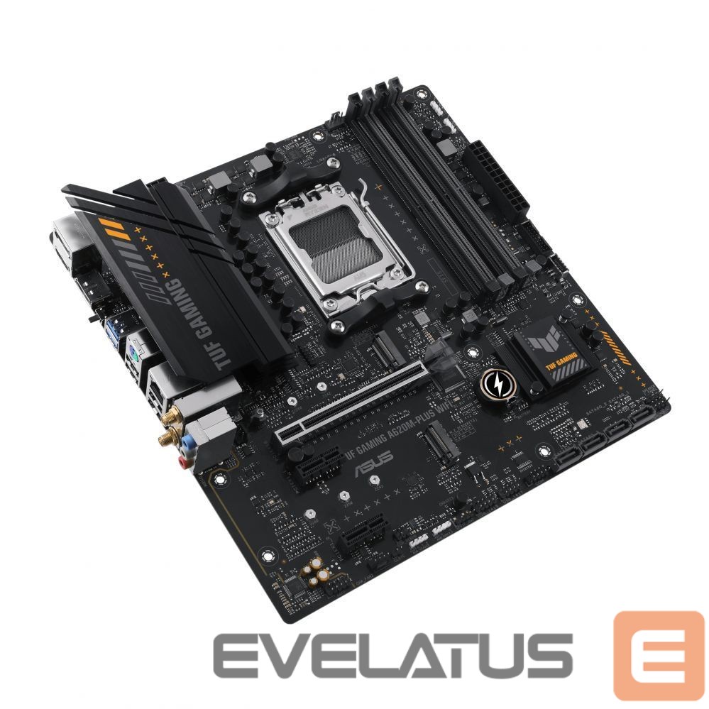 Motherboard for Intel processors Asus TUF GAMING A620M-PLUS WIFI Processor family AMD, Processor socket AM5, DDR5 DIMM, Memory slots 4, Supported hard disk drive interfaces SATA, M.2, Number of SATA connectors 4, Chipset AMD A620, Micro-ATX