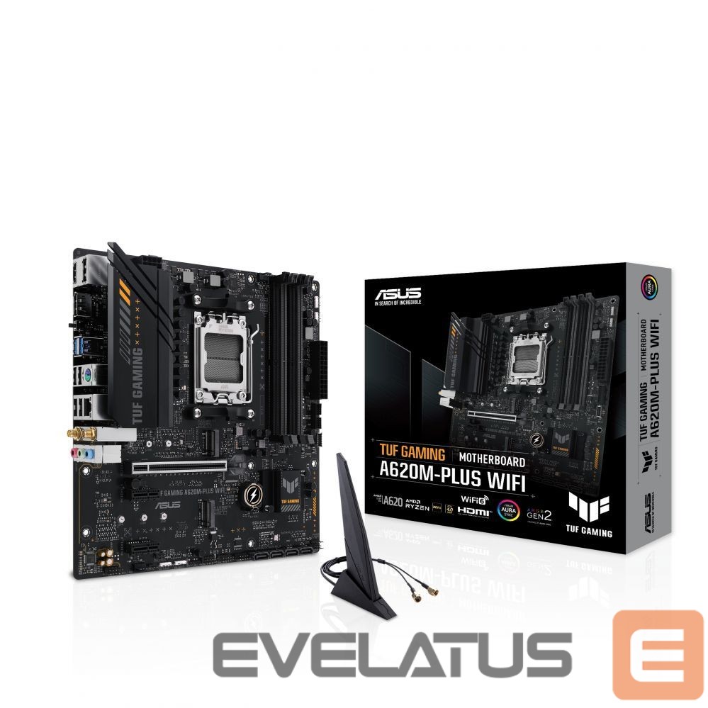 Motherboard for Intel processors Asus TUF GAMING A620M-PLUS WIFI Processor family AMD, Processor socket AM5, DDR5 DIMM, Memory slots 4, Supported hard disk drive interfaces SATA, M.2, Number of SATA connectors 4, Chipset AMD A620, Micro-ATX