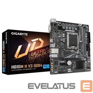 Motherboard for Intel processors Gigabyte  Mainboard||Intel H610|LGA1700|Micro-ATX|Memory DDR4|Memory slots 2|1xPCI-Express 3.0 1x|1xPCI-Express 4.0 16x|1xM.2|1x15pin D-sub|1xHDMI|4xUSB 2.0|2xUSB 3.2|1xPS/2|1xRJ45|3xAudio port|H610MHV3DDR4 