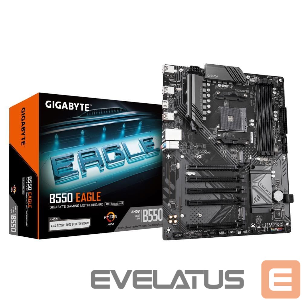 Motherboard for AMD processors Gigabyte Mainboard||AMD B550|SAM4|ATX|Memory DDR4|Memory slots 4|4xPCI-Express 3.0 1x|1xPCI-Express 4.0 16x|2xM.2|1xHDMI|4xUSB 2.0|1xUSB 3.2 type B|2xUSB 3.2|1xUSB-C|1xRJ45|3xAudio port|B550EAGLE1.0