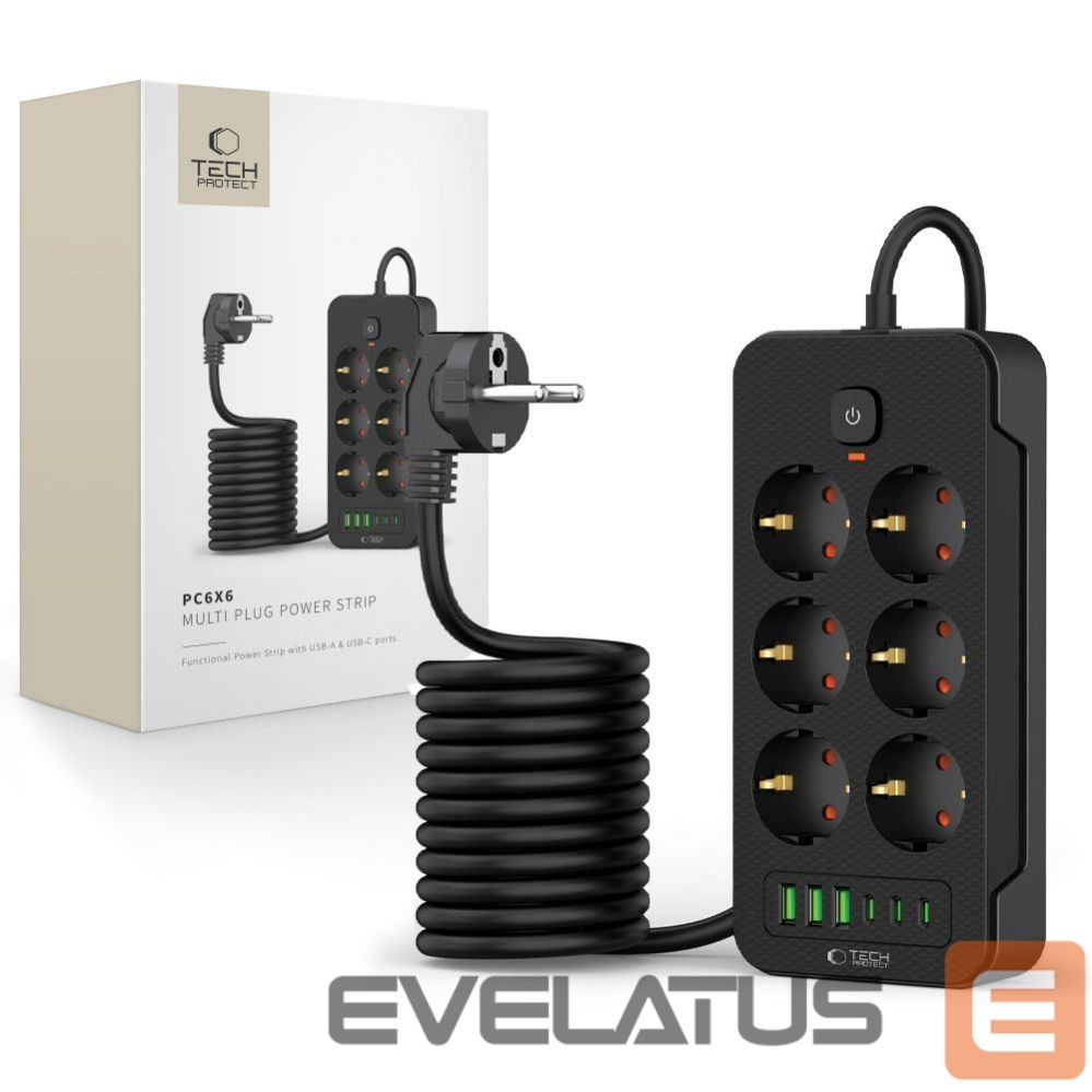 Other Phone Accessory Tech-Protect Tech-Protect PC6X6 Power Strip 6 Sockets 240V + 3xUSB-A + 3xUSB-C 200cm - Black