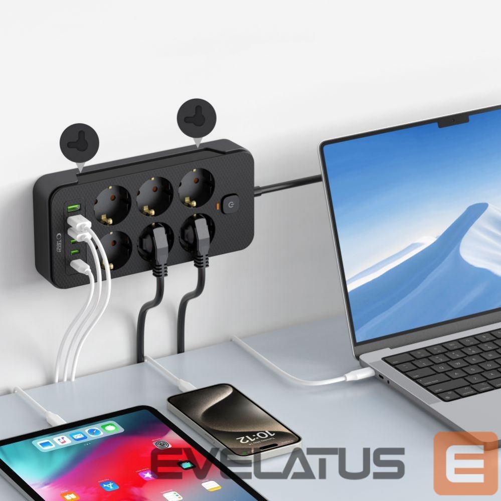 Other Phone Accessory Tech-Protect Tech-Protect PC6X6 Power Strip 6 Sockets 240V + 3xUSB-A + 3xUSB-C 200cm - Black