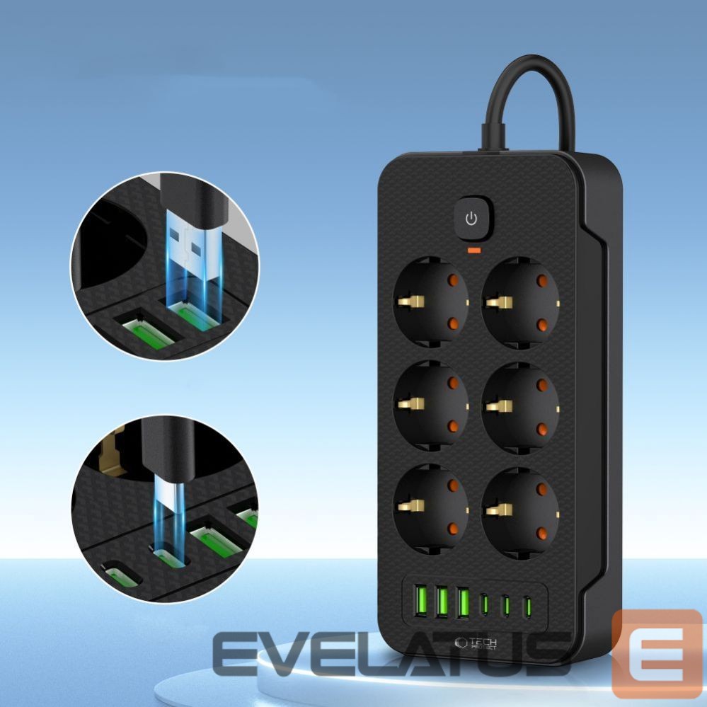 Other Phone Accessory Tech-Protect Tech-Protect PC6X6 Power Strip 6 Sockets 240V + 3xUSB-A + 3xUSB-C 200cm - Black