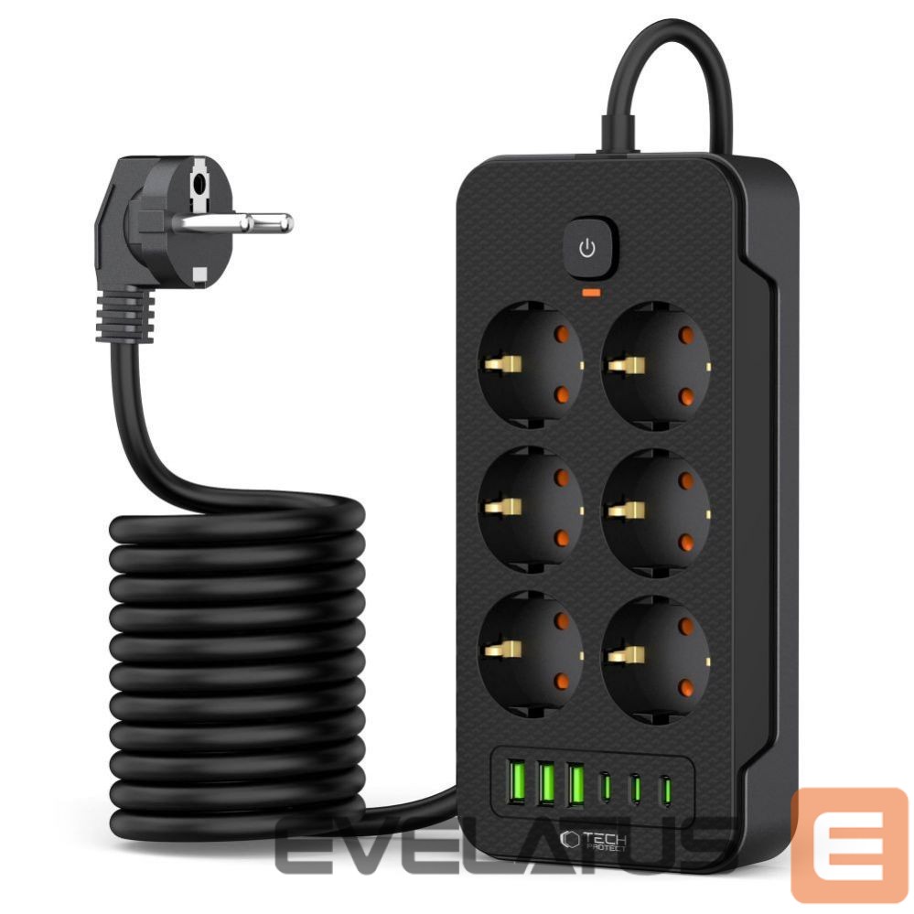 Other Phone Accessory Tech-Protect Tech-Protect PC6X6 Power Strip 6 Sockets 240V + 3xUSB-A + 3xUSB-C 200cm - Black