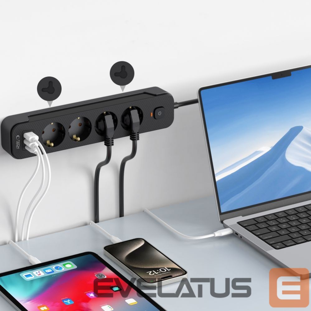 Other Phone Accessory Tech-Protect Tech-Protect PCL4X3 Power Strip 4 Sockets 240V + 2xUSB-A + 1xUSB-C 200 cm - Black