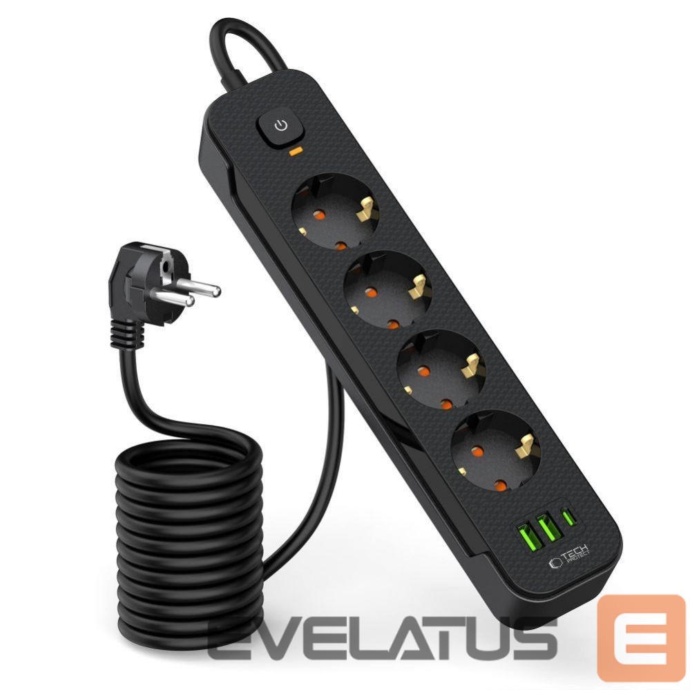 Other Phone Accessory Tech-Protect Tech-Protect PCL4X3 Power Strip 4 Sockets 240V + 2xUSB-A + 1xUSB-C 200 cm - Black