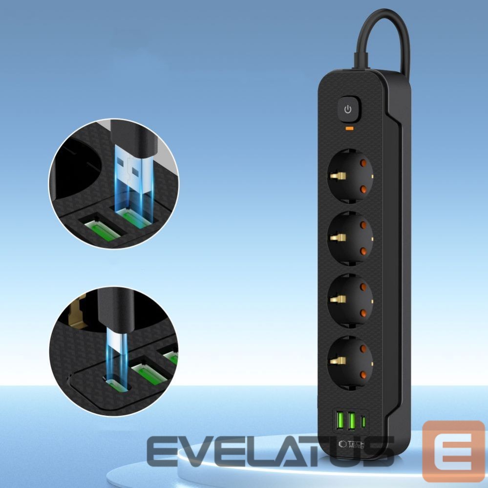 Other Phone Accessory Tech-Protect Tech-Protect PCL4X3 Power Strip 4 Sockets 240V + 2xUSB-A + 1xUSB-C 200 cm - Black