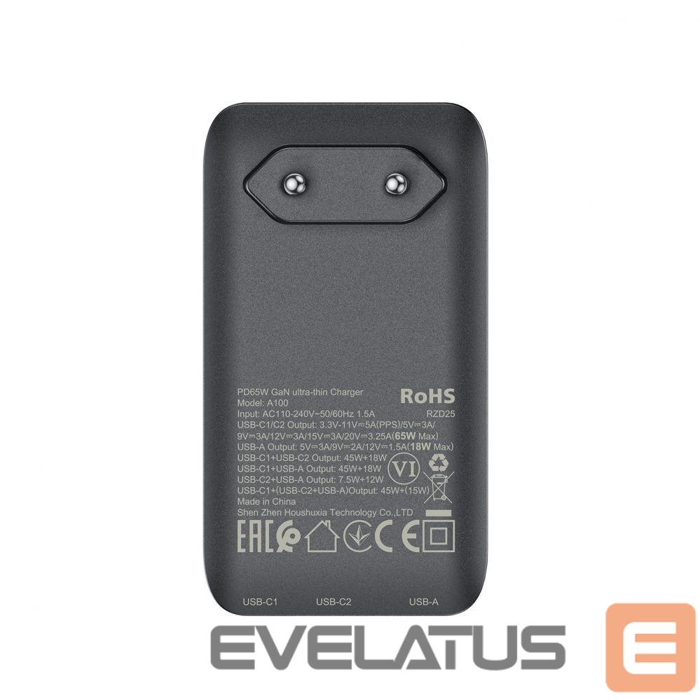 Adapter Acefast Acefast A100 65W GaN 2 USB-C+ USB-A Charger Ultra Slim - Black
