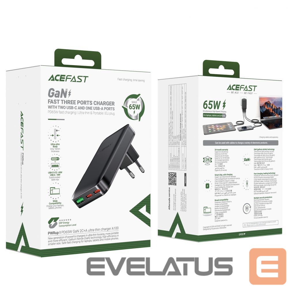 Adapter Acefast Acefast A100 65W GaN 2 USB-C+ USB-A Charger Ultra Slim - Black