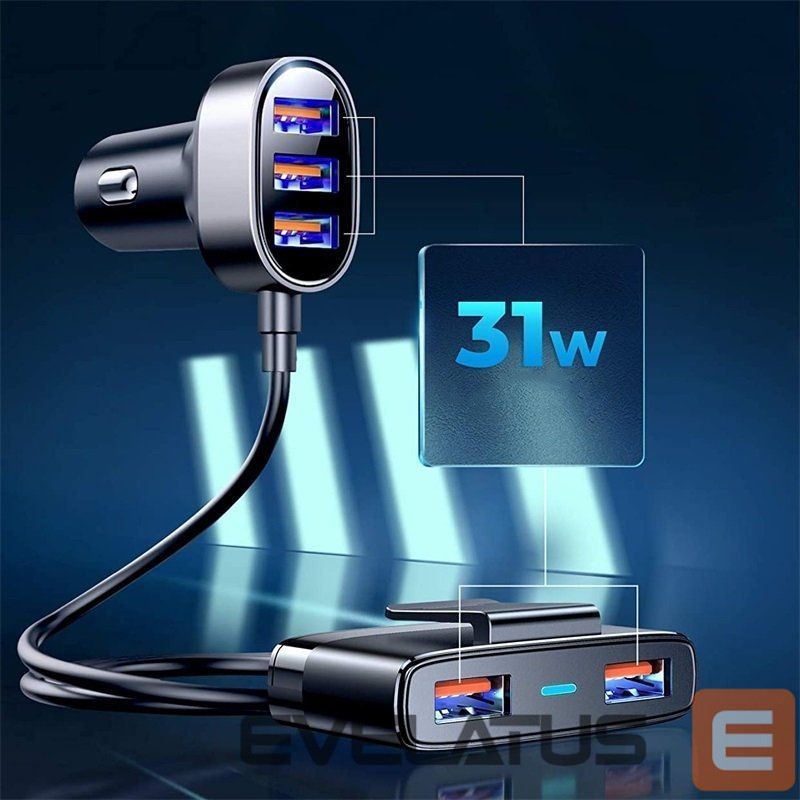 Adapter Joyroom Joyroom fast car charger 5x USB 6.2 A with extension cable black (JR-CL03)
