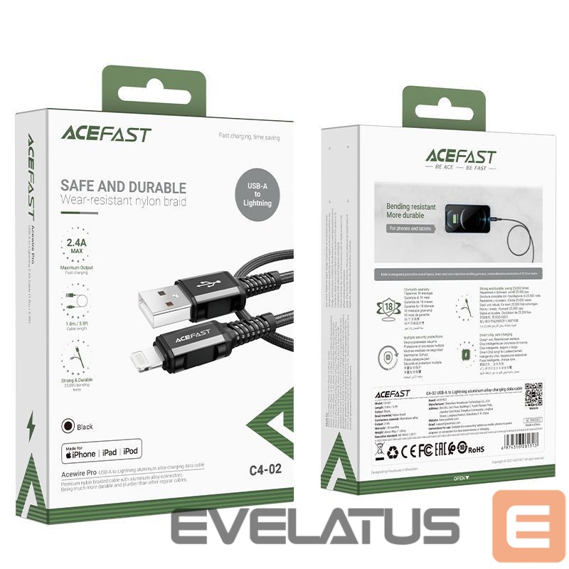 Cable Acefast Acefast MFI USB - Lightning cable 1.8m, 2.4A black (C4-02 A Black)