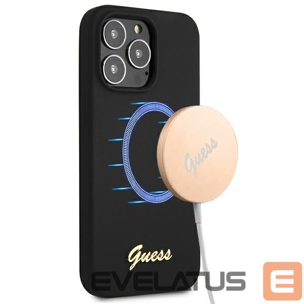 Back panel cover Guess Guess GUHMP13LLSLMGBK iPhone 13 Pro / 13 6.1" black/black hardcase Silicone Script Gold Logo MagSafe