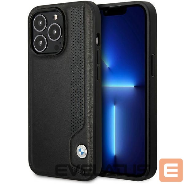 Back panel cover BMW Case BMW BMHCP14L22RBDK iPhone 14 Pro 6.1" black/black hardcase Leather Blue Dots