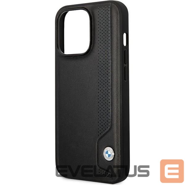 Back panel cover BMW Case BMW BMHCP14L22RBDK iPhone 14 Pro 6.1" black/black hardcase Leather Blue Dots