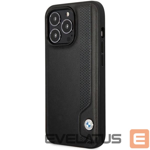 Back panel cover BMW Case BMW BMHCP14L22RBDK iPhone 14 Pro 6.1" black/black hardcase Leather Blue Dots