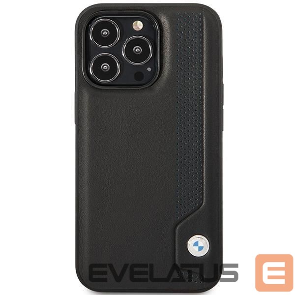 Back panel cover BMW Case BMW BMHCP14L22RBDK iPhone 14 Pro 6.1" black/black hardcase Leather Blue Dots