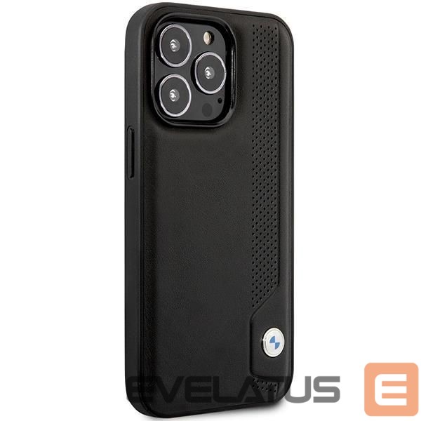 Back panel cover BMW Case BMW BMHCP14L22RBDK iPhone 14 Pro 6.1" black/black hardcase Leather Blue Dots